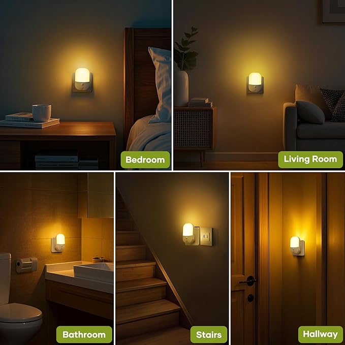 2 Pack Plug in Night Light with Dusk to Dawn Photocell Sensor, 5 Adjustable Brightness Levels, ON/Off/AUTO Modes, 3000K Warm White LED Night Light for Baby, Hallways, Stairs, Bedrooms, Kitchens, 0.3W