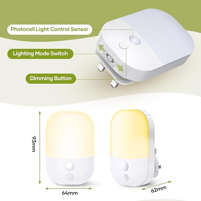 2 Pack Plug in Night Light with Dusk to Dawn Photocell Sensor, 5 Adjustable Brightness Levels, ON/Off/AUTO Modes, 3000K Warm White LED Night Light for Baby, Hallways, Stairs, Bedrooms, Kitchens, 0.3W