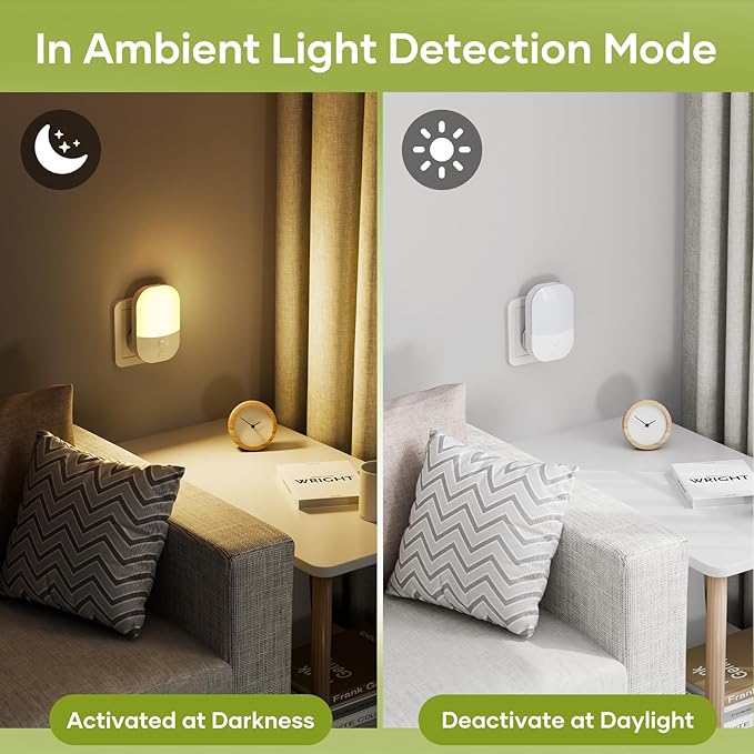 2 Pack Plug in Night Light with Dusk to Dawn Photocell Sensor, 5 Adjustable Brightness Levels, ON/Off/AUTO Modes, 3000K Warm White LED Night Light for Baby, Hallways, Stairs, Bedrooms, Kitchens, 0.3W