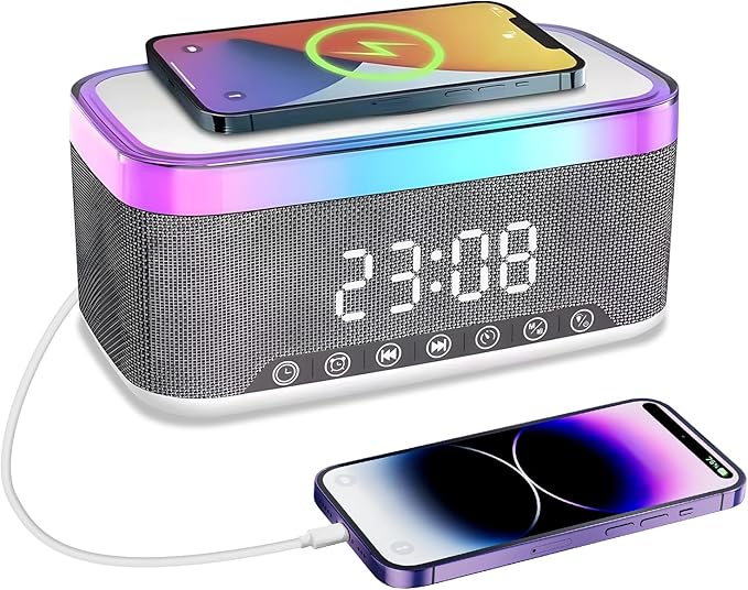 Radio Alarm Clock Bedside, Alarm Clock with 15W Wireless Charging, Bluetooth Speaker, Fast Qi Wireless Charger, 13 LED lighting Effects, FM Radio, USB Charging Port, for Bedroom, Desk